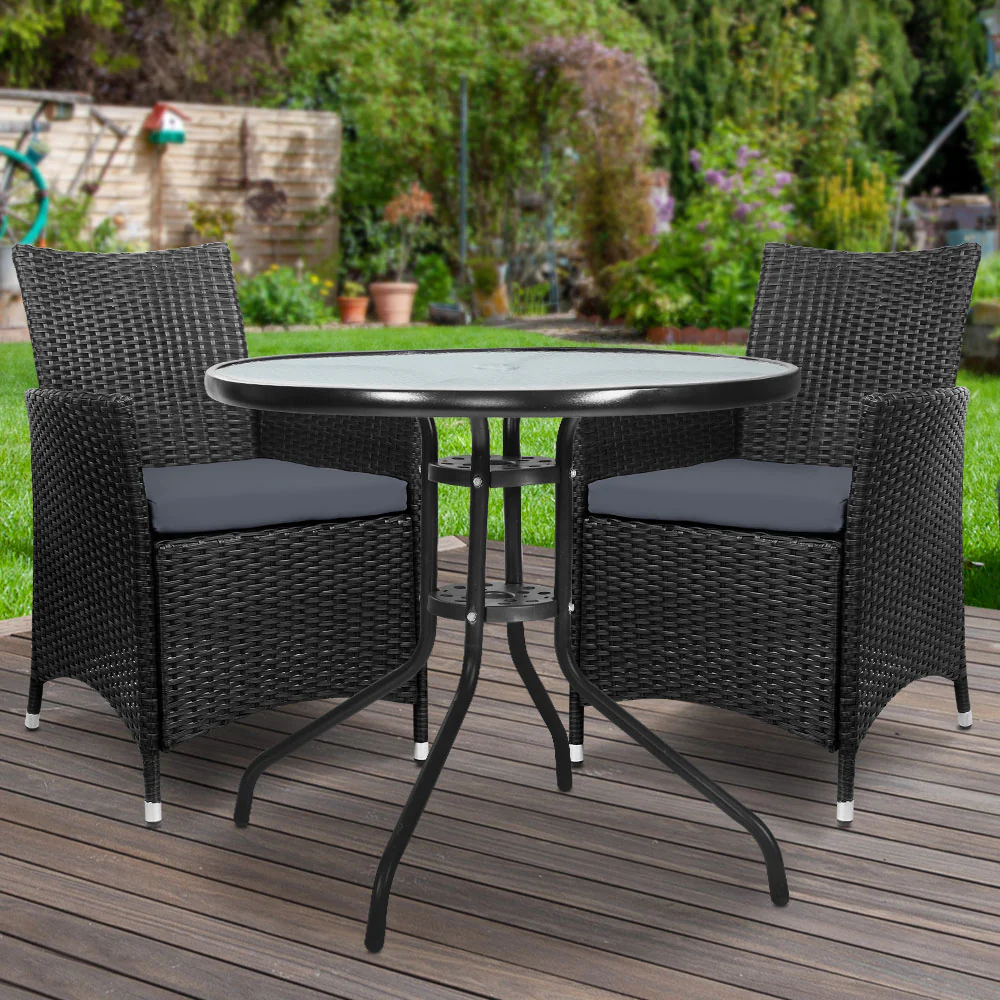 Wareham 2-Seater Chair Table Wicker Patio Tea Coffee Cafe Bar 3-Piece Outdoor Furniture - Black - Nurns