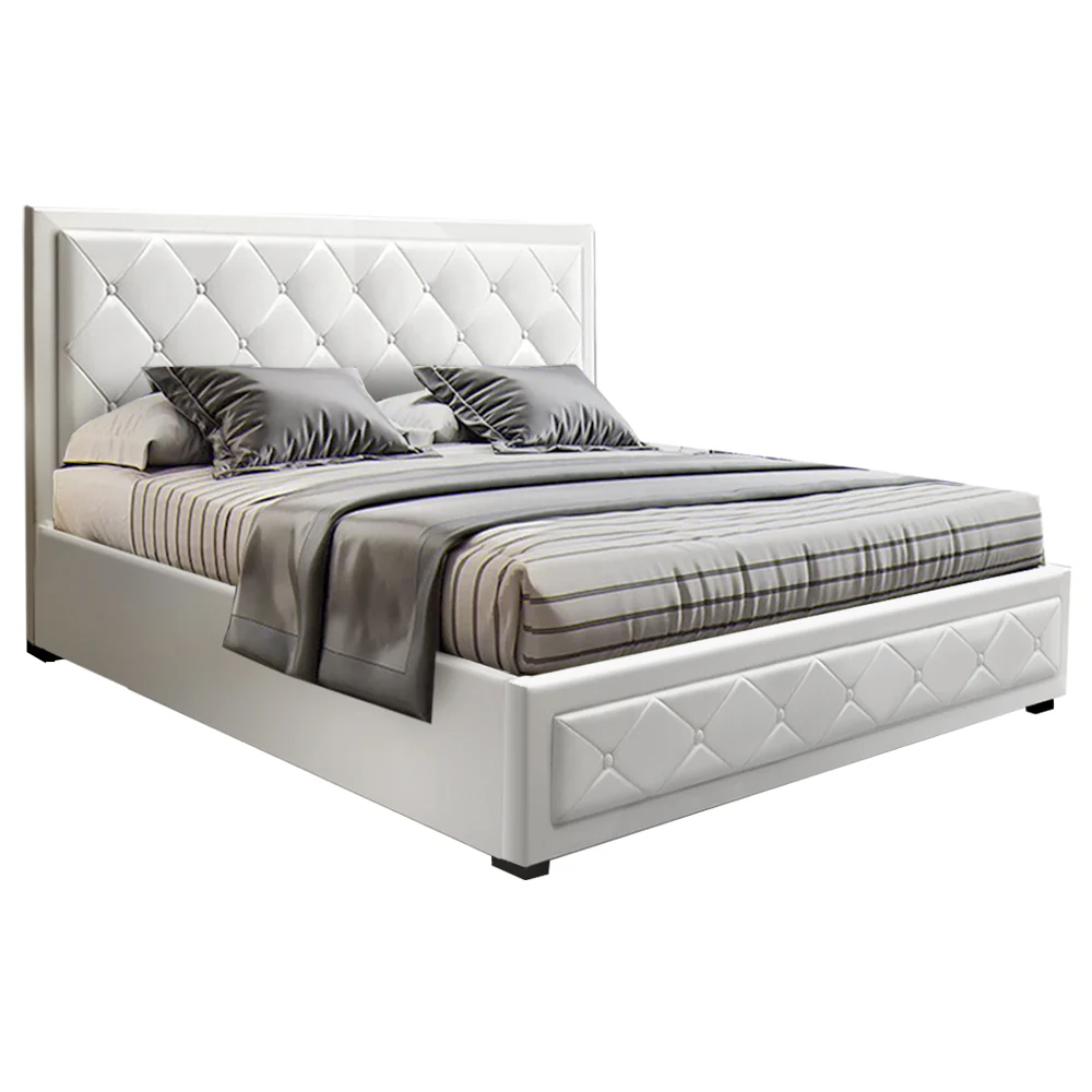 Savannah Bed Frame PU Leather Gas Lift Storage - White Queen - Nurns