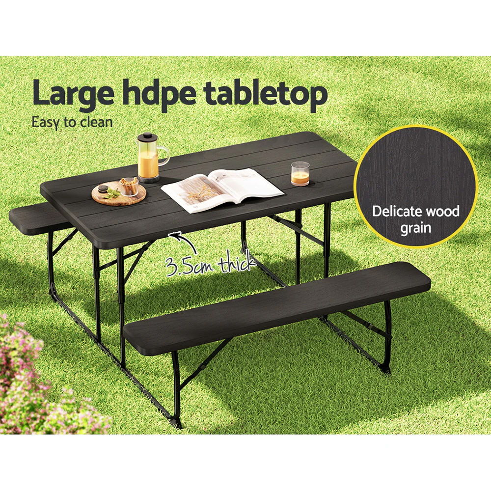 Holden 4-Seater Picnic Patio Bench Camp Folding Table 3-Piece Outdoor Dining Set - Black - Nurns