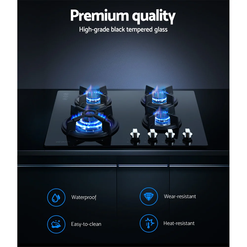 Devanti Gas Cooktop 60cm 4 Burner Black - Nurns