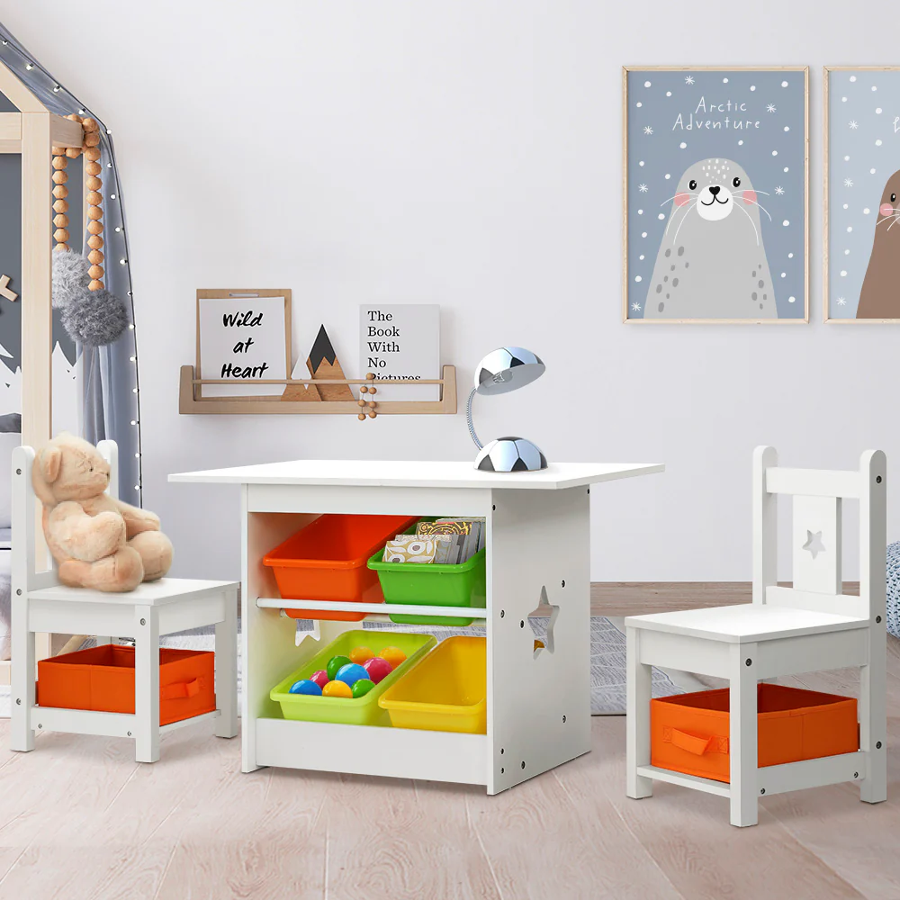 Prasad 3-Piece Kids Table & Chairs Set Children Furniture Play Toys Storage Box - White - Nurns