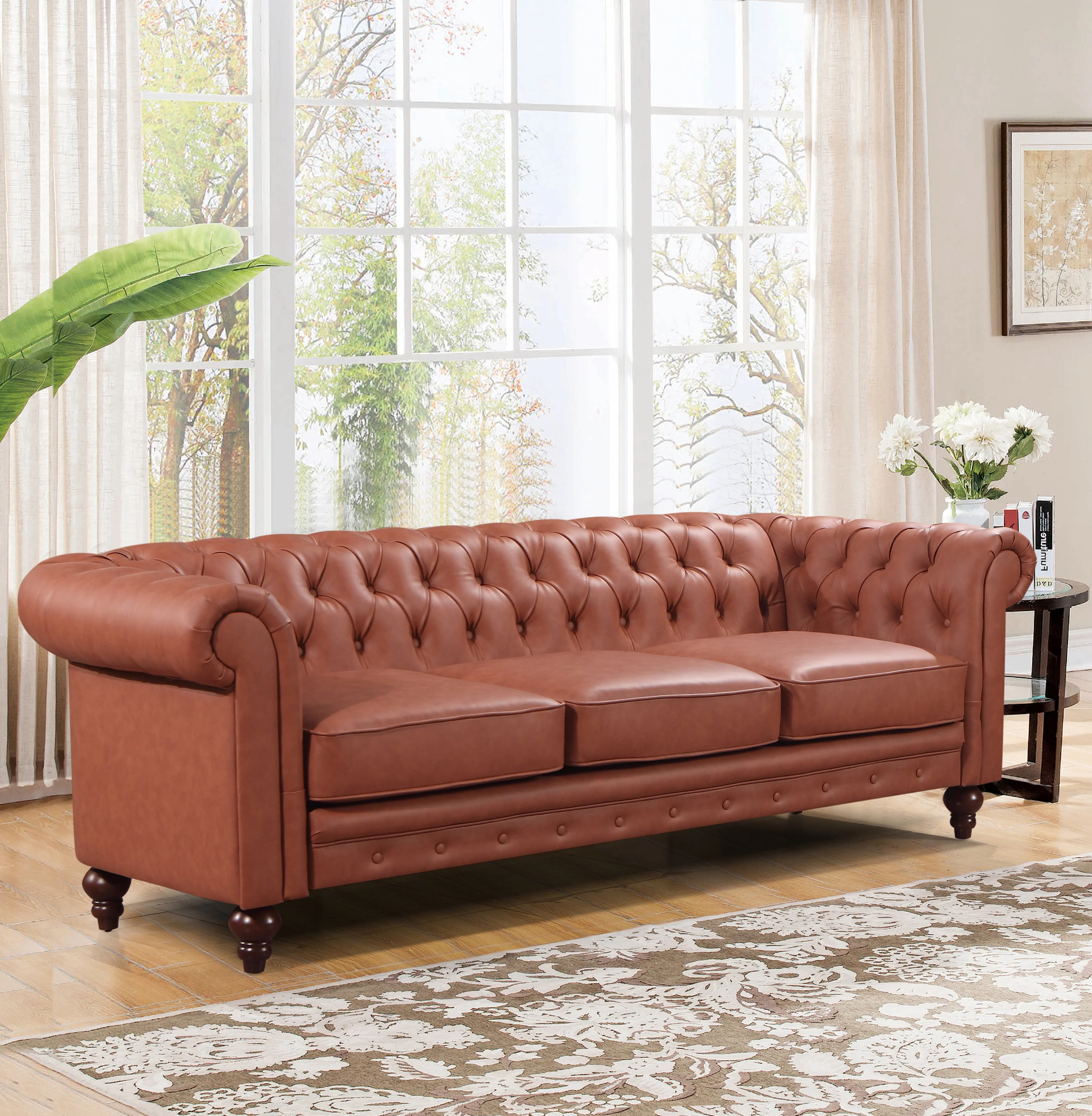 Mabel 3-Seater Sofa Lounge Button Tufted in Faux Leather - Brown - Nurns