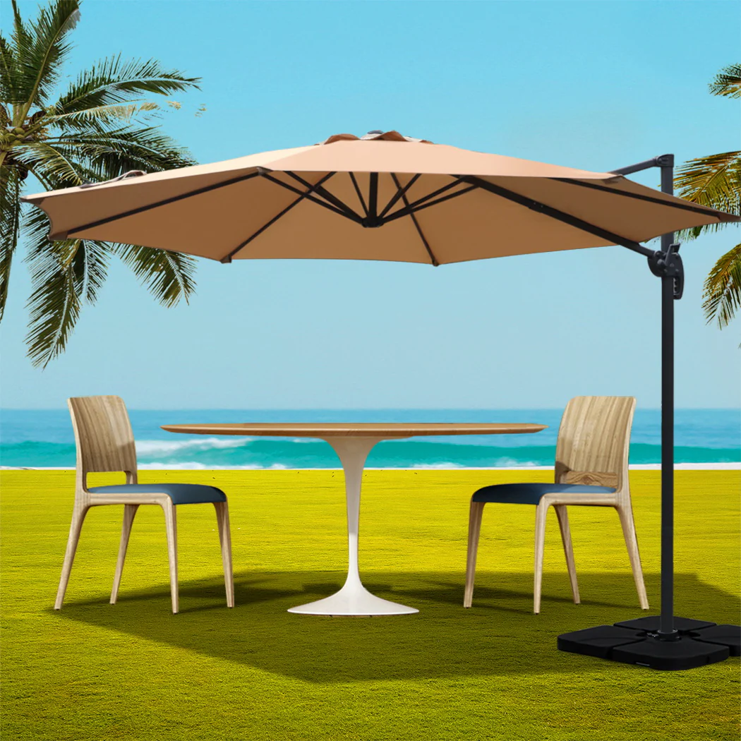 Instahut 3m Outdoor Umbrella w/Base Cantilever Beach Roma 360 Degree Tilt Beige - Nurns