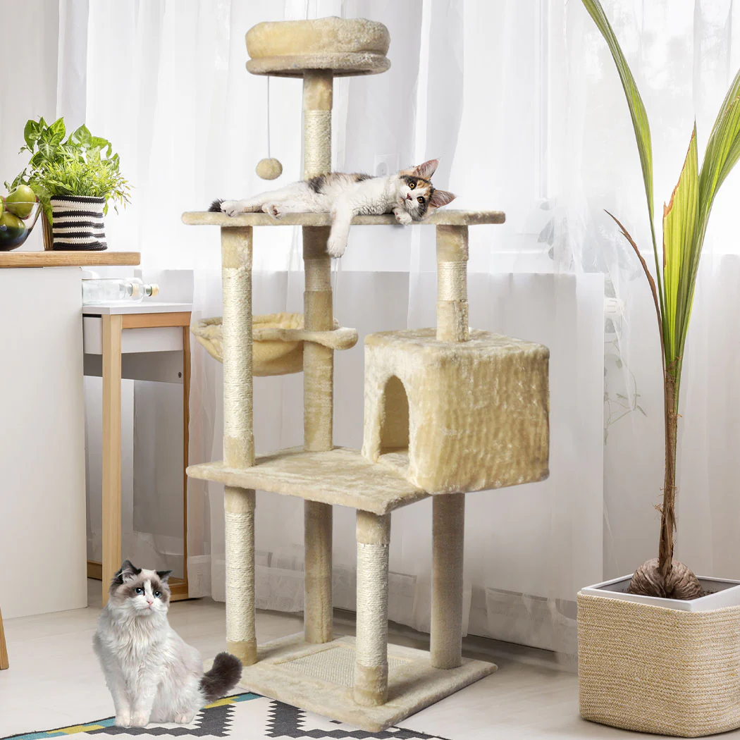 Cat Tree Toy Scratching Post Scratcher Tower Condo Wooden House Cream 130cm - Nurns