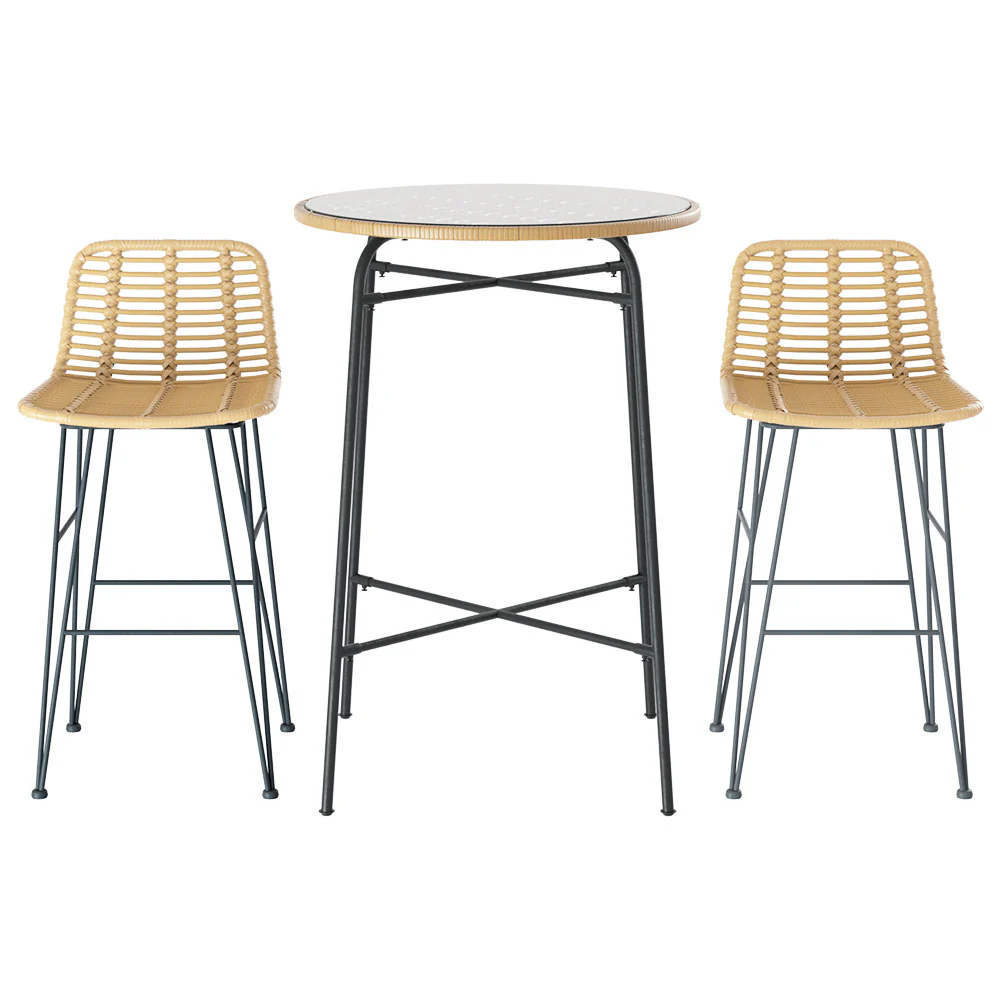 Myles 2-Seater Wicker Dining Bistro Patio Table Chairs Set Steel - Black and Wood - Nurns