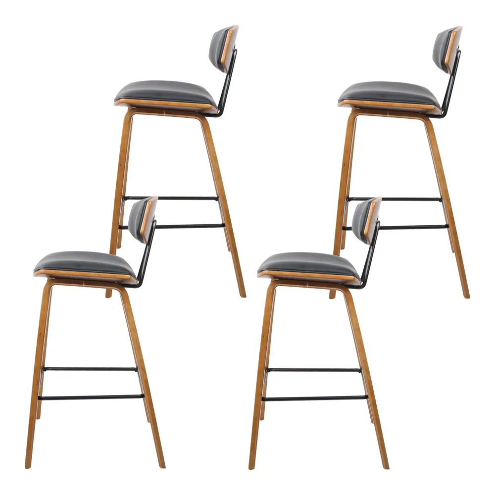 Set of 4 Cosenza PU Leather Circular Footrest Bar Stools - Black - Nurns