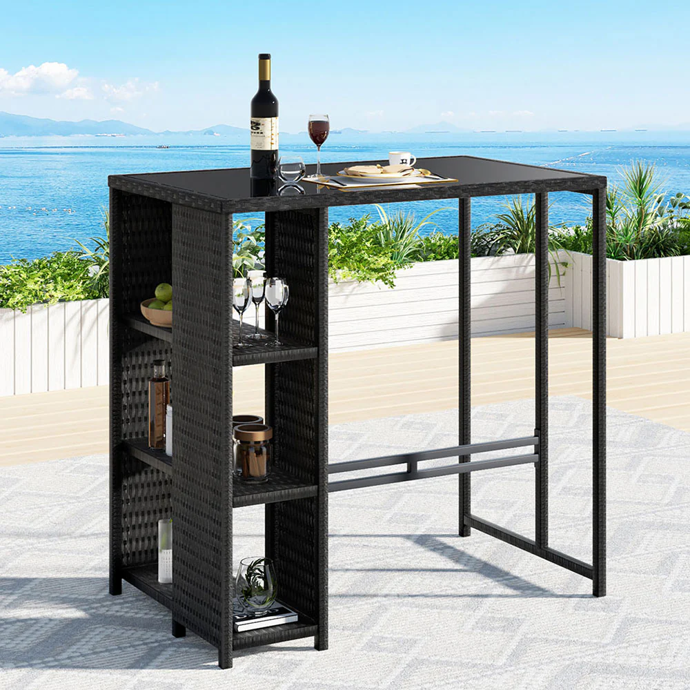 Ralph Wicker Dining Bistro Glass Desk Steel Patio Furniture Outdoor Bar Table - Black - Nurns