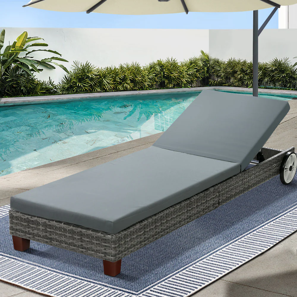 Earby Outdoor Sun Lounge Wicker Chair with Cushion and Wheels - Grey - Nurns