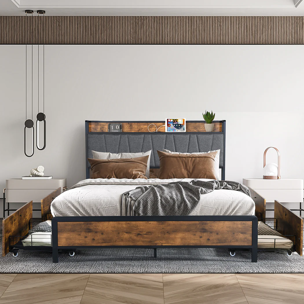 Eras Bed Frame Soft Storage Drawers Headboard USB Charge - Wood & Black Queen - Nurns