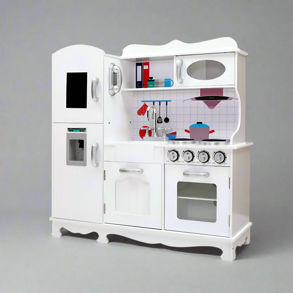 Kids Kitchen Set Pretend Play Food Sets Childrens Utensils Wooden White - Nurns