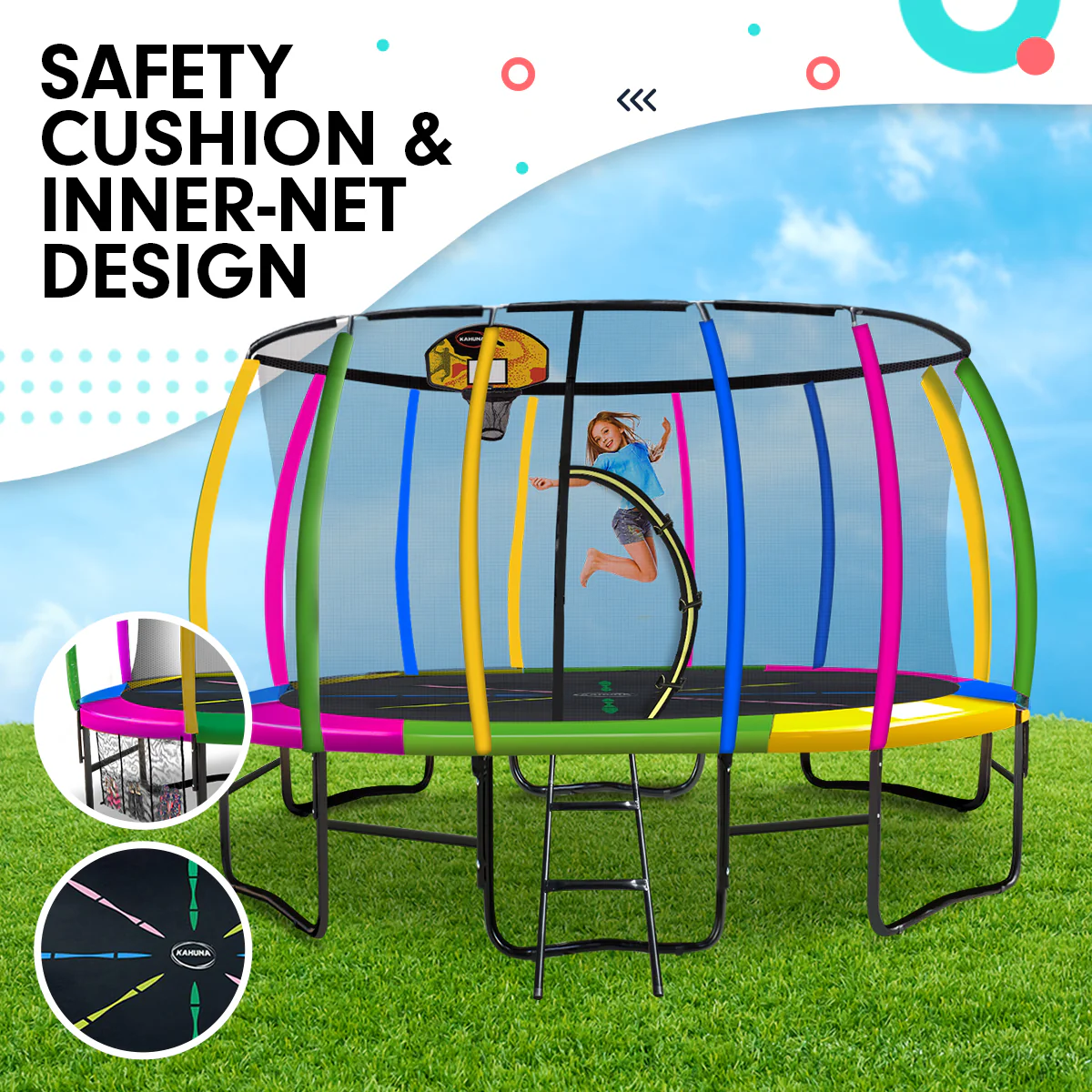 Kahuna Trampoline for Kids 14FT Outdoor Children with Safety Enclosure Pad Mat Ladder Basketball Hoop Set - Rainbow - Nurns