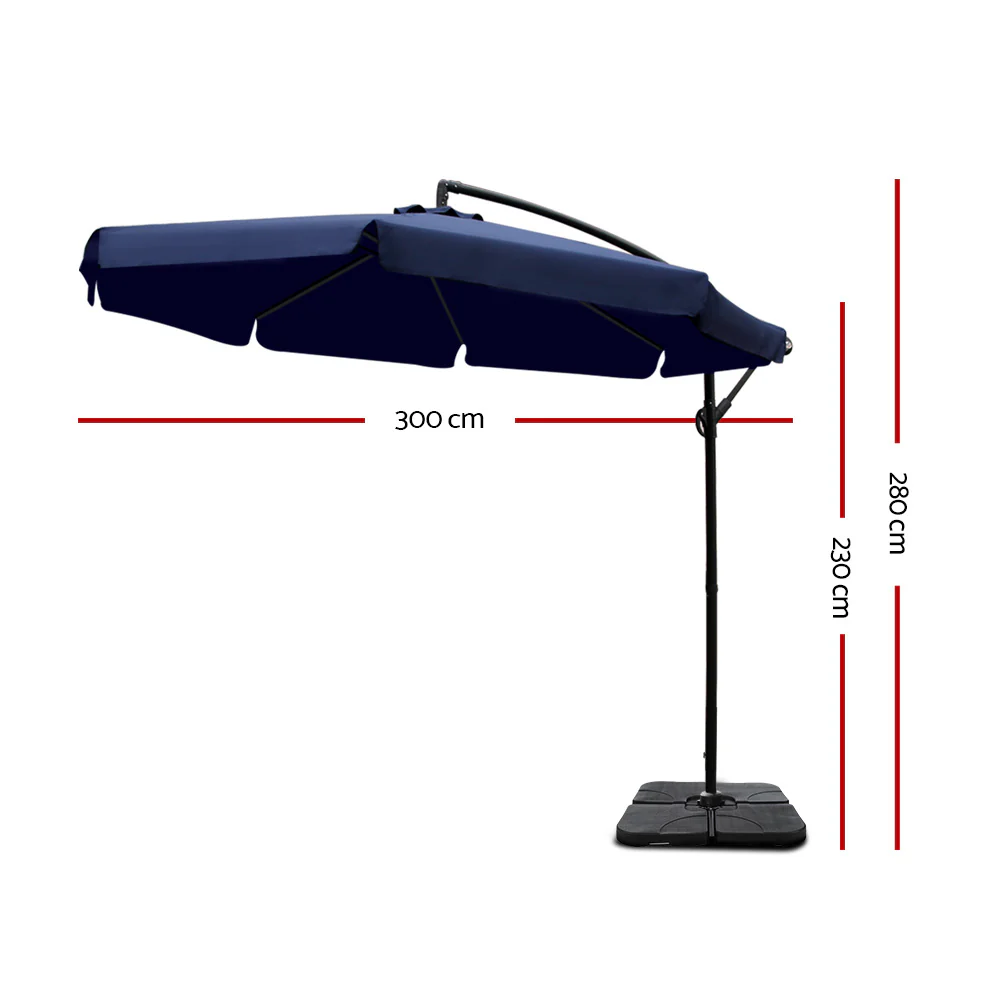 Instahut 3m Outdoor Umbrella w/Base Cantilever Garden Beach Patio Navy - Nurns