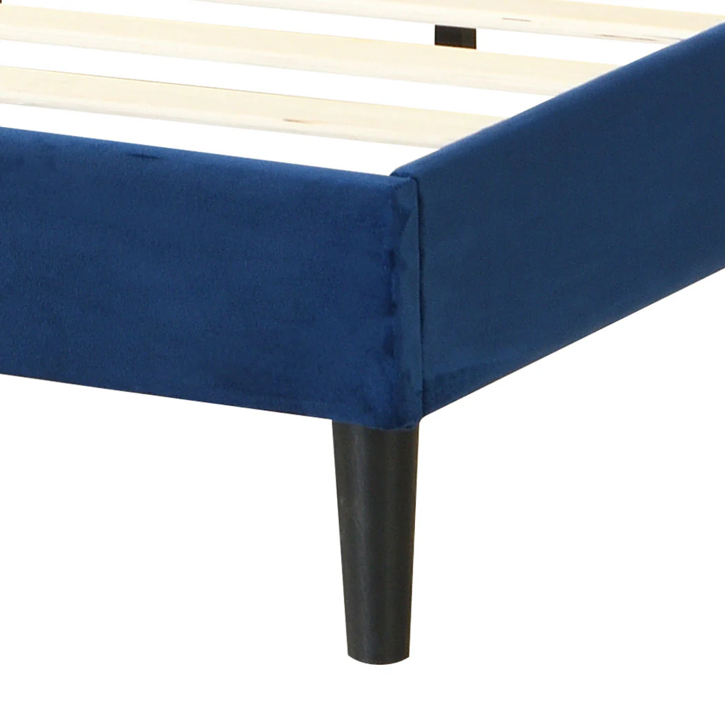 Assen Bed Frame Base Platform Wooden Velvet with Headboard Blue - Double - Nurns
