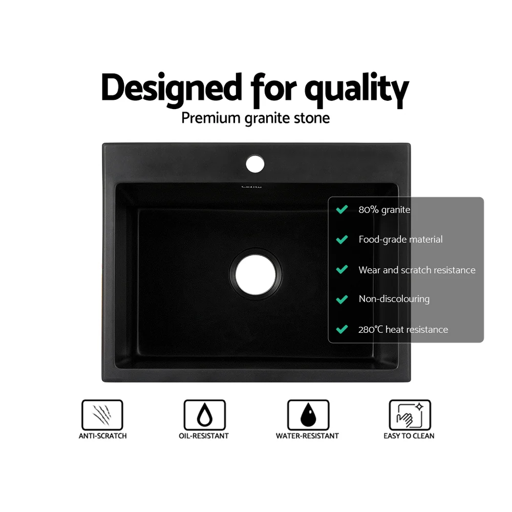 Kitchen Sink Granite Stone Sinks Basin Single Bowl Black 600mmx470mm - Nurns