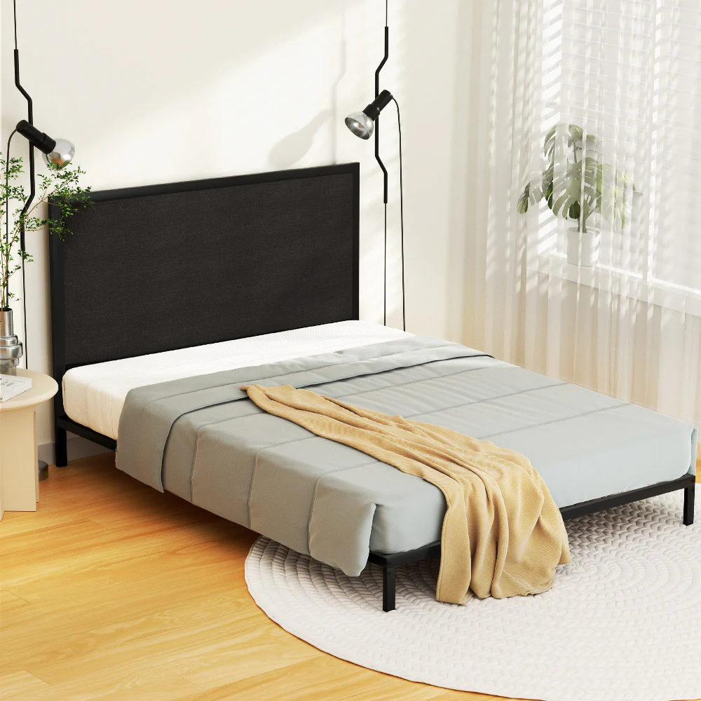 Alma Metal Bed Frame Fabric with Headboard - Black Queen - Nurns
