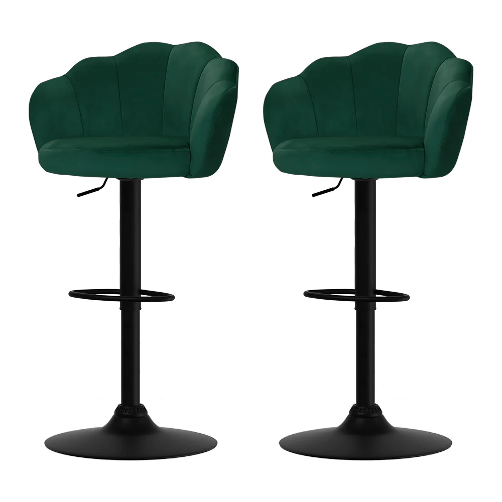 Set of 2 Naples Bar Stools Kitchen Stool Swivel Chair Gas Lift Velvet Chairs - Green - Nurns