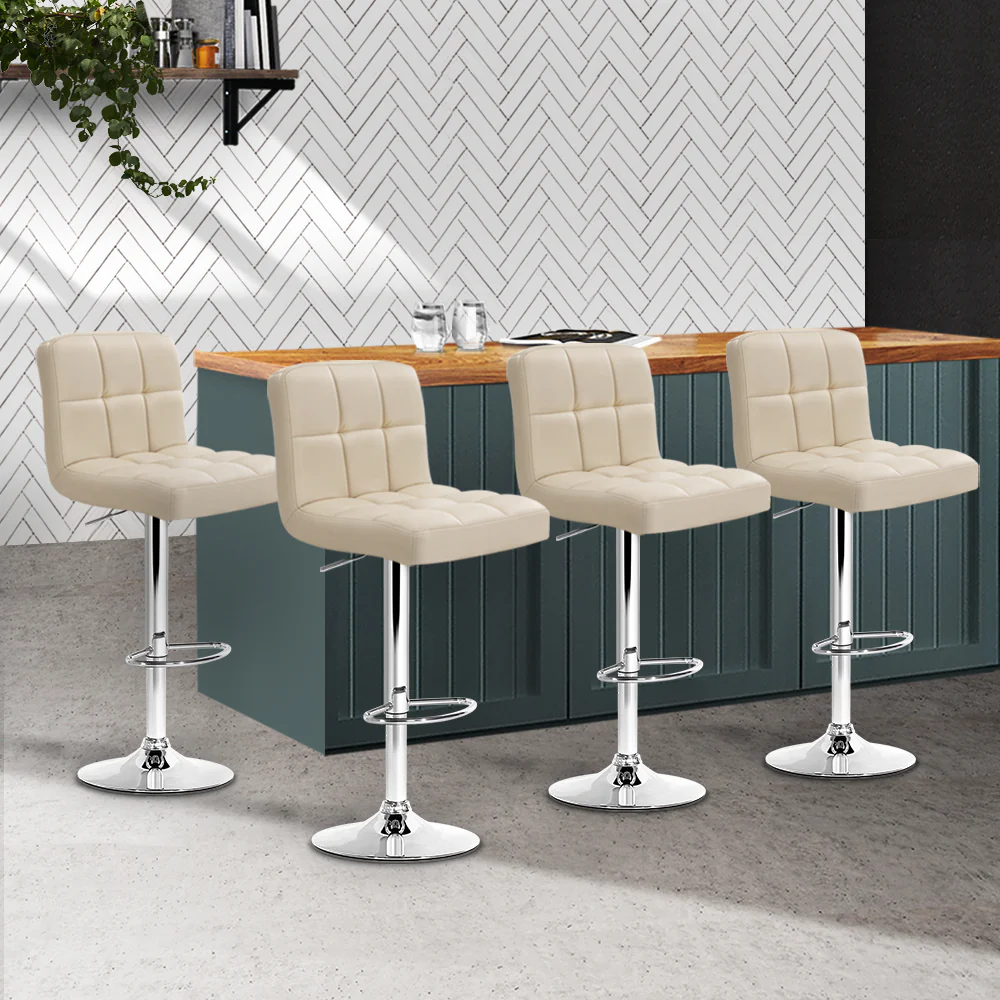 Set of 4 Chania PU Leather Gas Lift Bar Stools - Beige - Nurns