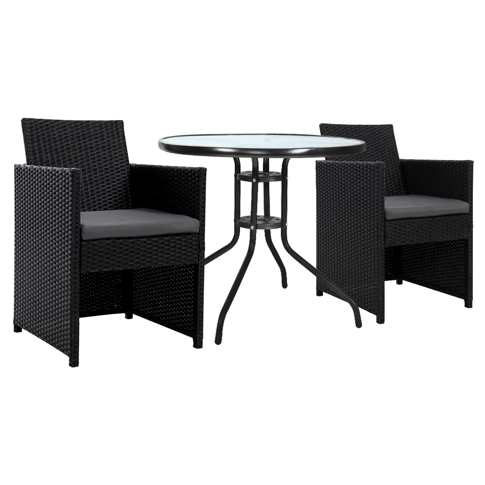 Stella 2-Seater Patio Furniture Chairs Table Wicker Tea Coffee Cafe Bar 3-Piece Outdoor Bistro Set - Black - Nurns
