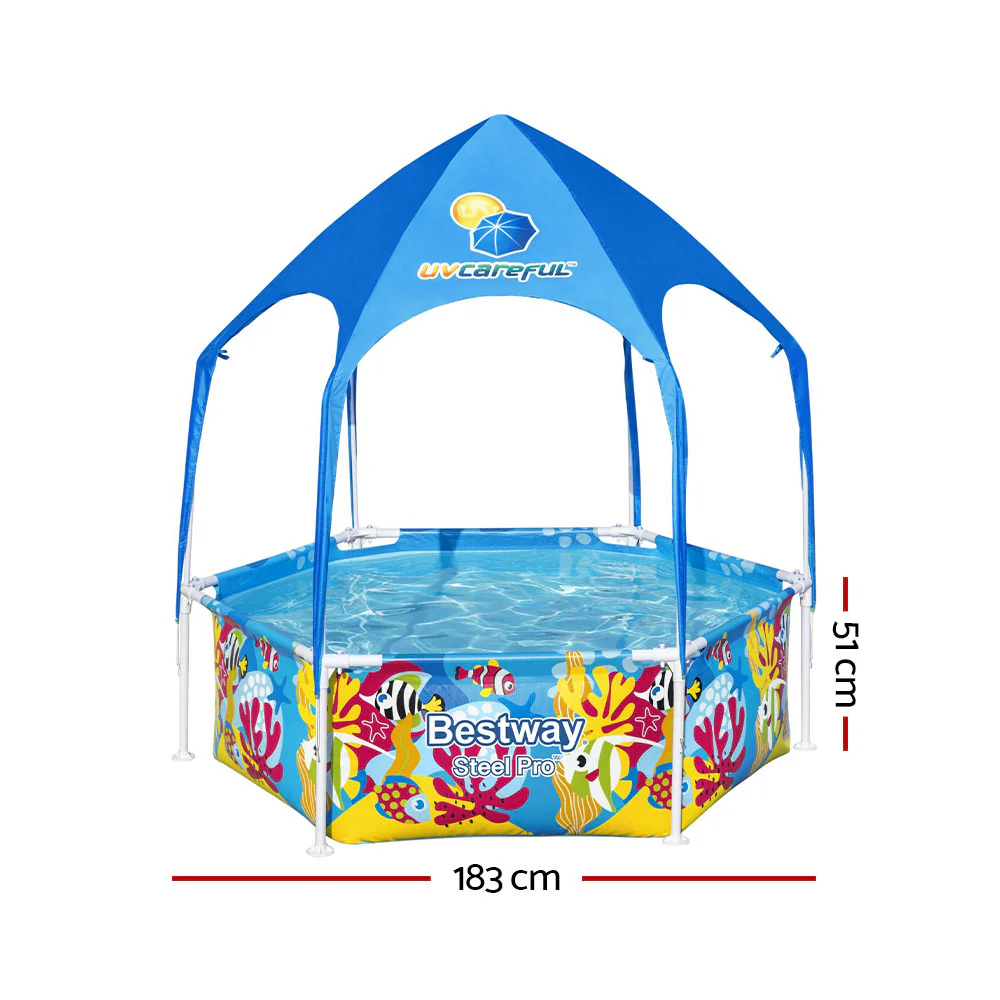 Bestway Kids Pool 183x51cm Steel Frame Swimming Play Pools Canopy 930L - Nurns