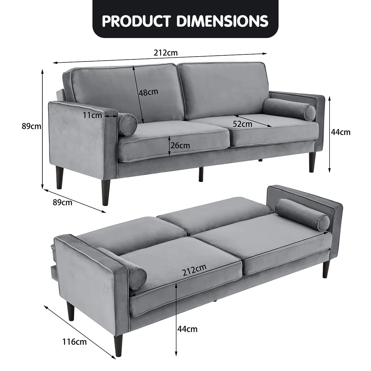 Melody 2-Seater Faux Velvet Suite Sofa Bed Lounge - Grey - Nurns
