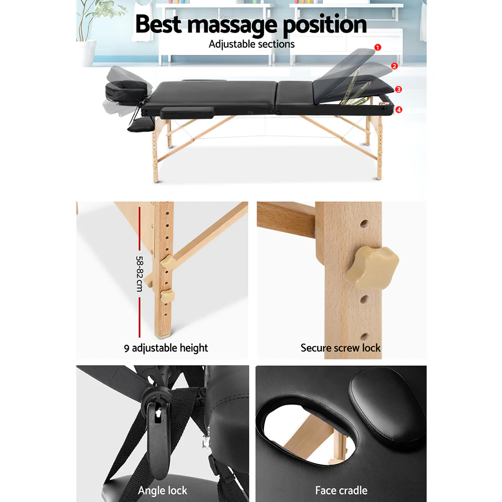 Massage Table 75cm 3 Fold Wooden Portable Beauty Therapy Bed Waxing Black - Nurns
