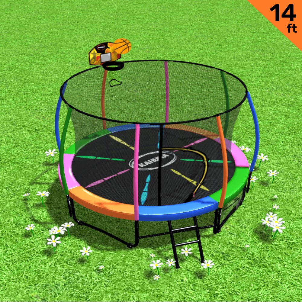 Kahuna Trampoline for Kids 14FT Outdoor Children with Safety Enclosure Pad Mat Ladder Basketball Hoop Set - Rainbow - Nurns