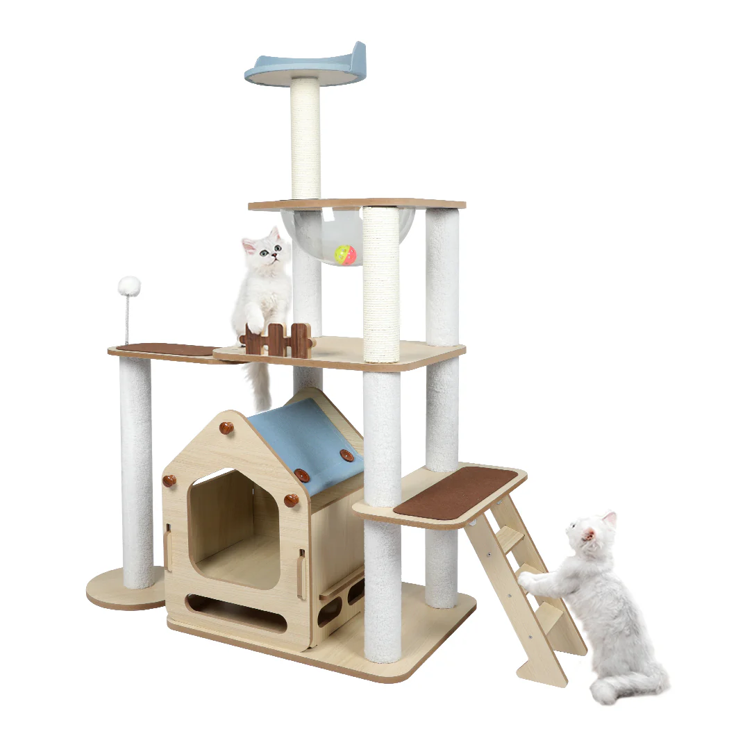 Cat Tree Scratching Post Scratcher Cats Tower Wood Condo Toys House 138cm - White - Nurns