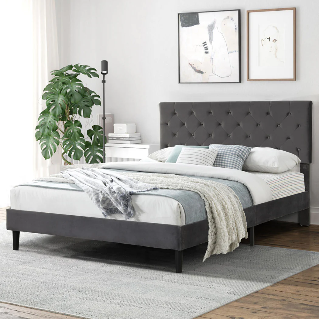 Assen Bed Frame Base Platform Wooden Velvet with Headboard Grey - Queen - Nurns