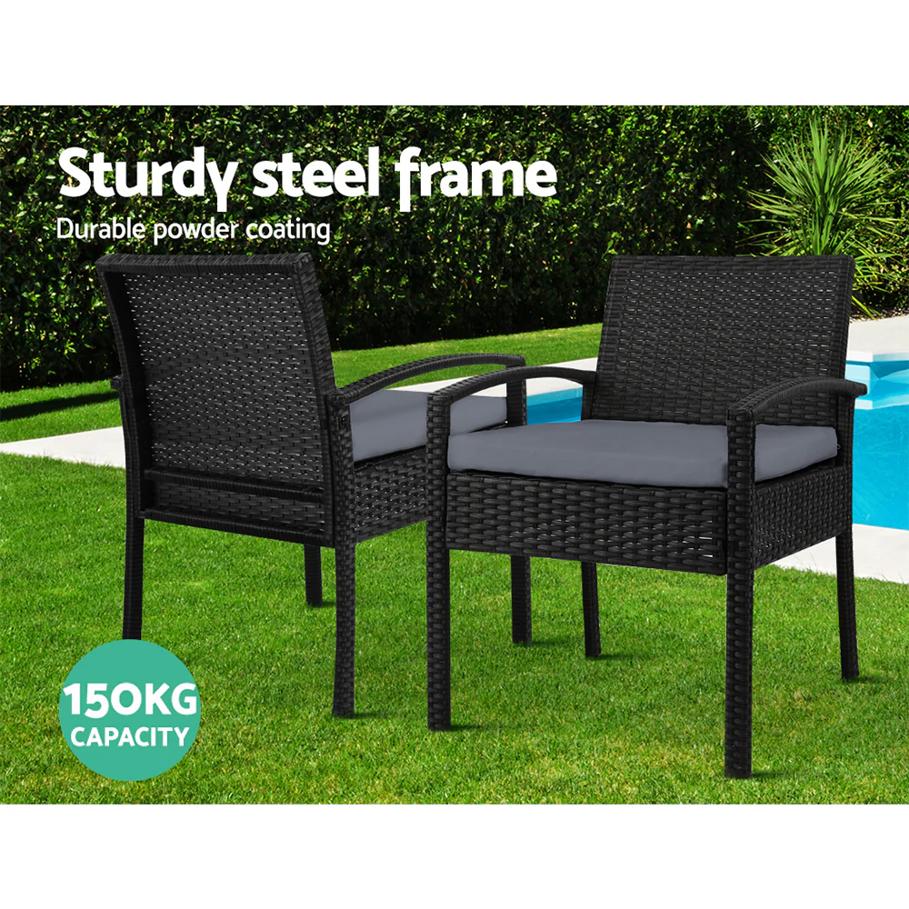 Burgess 2-Seater Furniture Chairs Wicker Garden Patio Cushion Tea Coffee Cafe Bar 3-Piece Outdoor Sofa - Black - Nurns