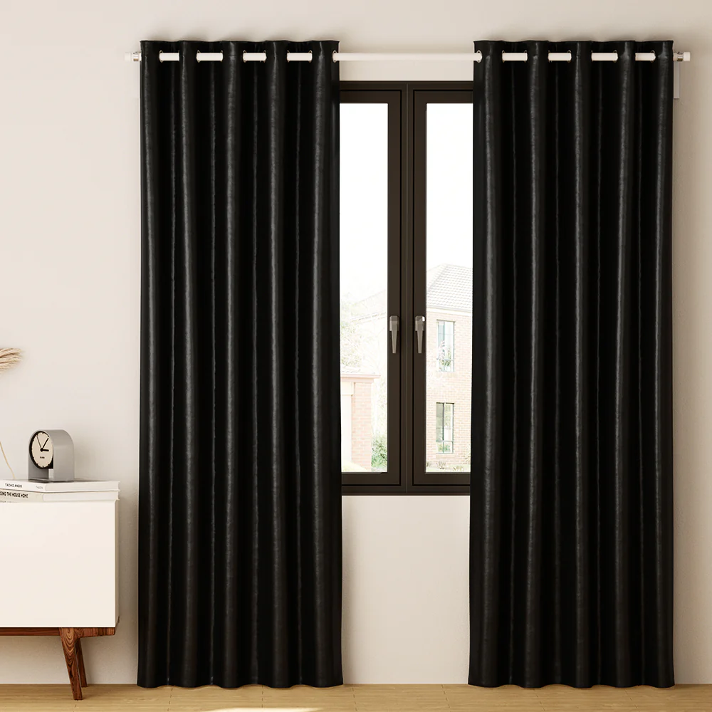 Set of 2 Blockout Curtains Blackout Window Curtain Eyelet 300x230cm Black Shine - Nurns