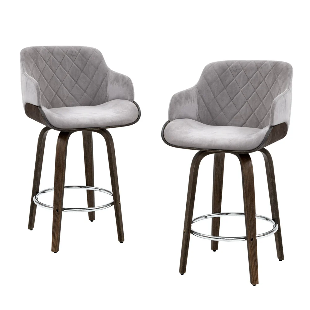 Set of 4 Lleida Bar Stools Swivel Velvet Padded Wooden - Grey - Nurns