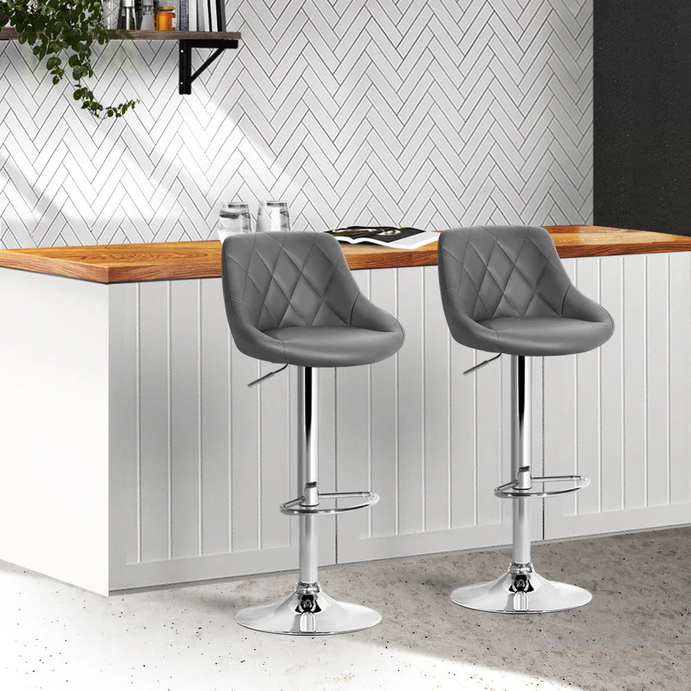 Set of 2 Corfu Bar Stools PU Leather Diamond Style - Grey - Nurns