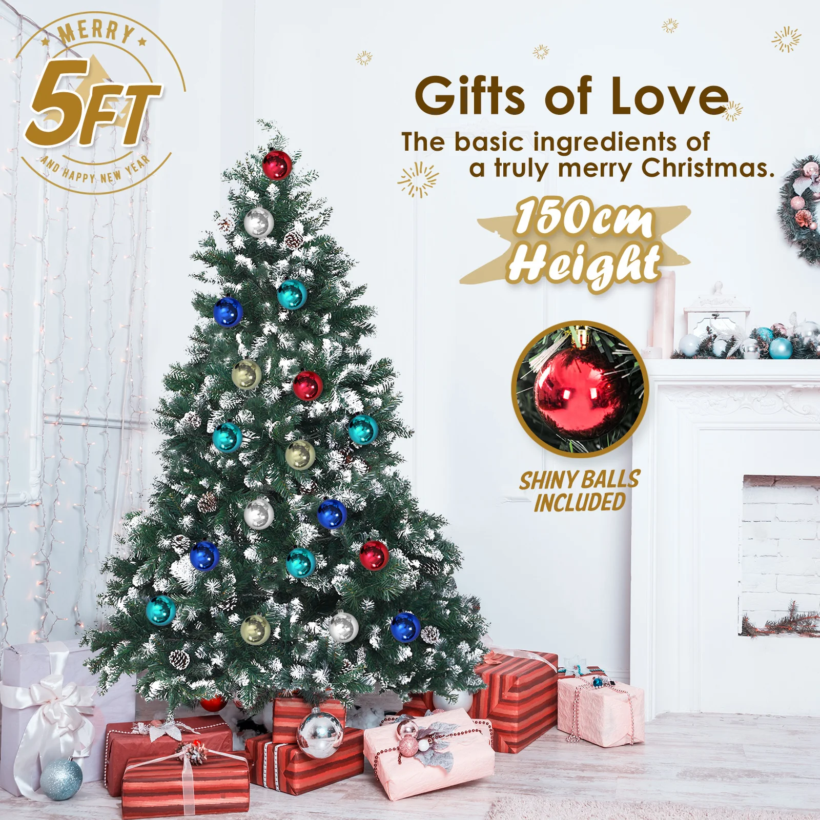 5ft 1.5m 720 Tips Snowy Christmas Tree Xmas Pine Cones + Bauble Balls Green - Nurns