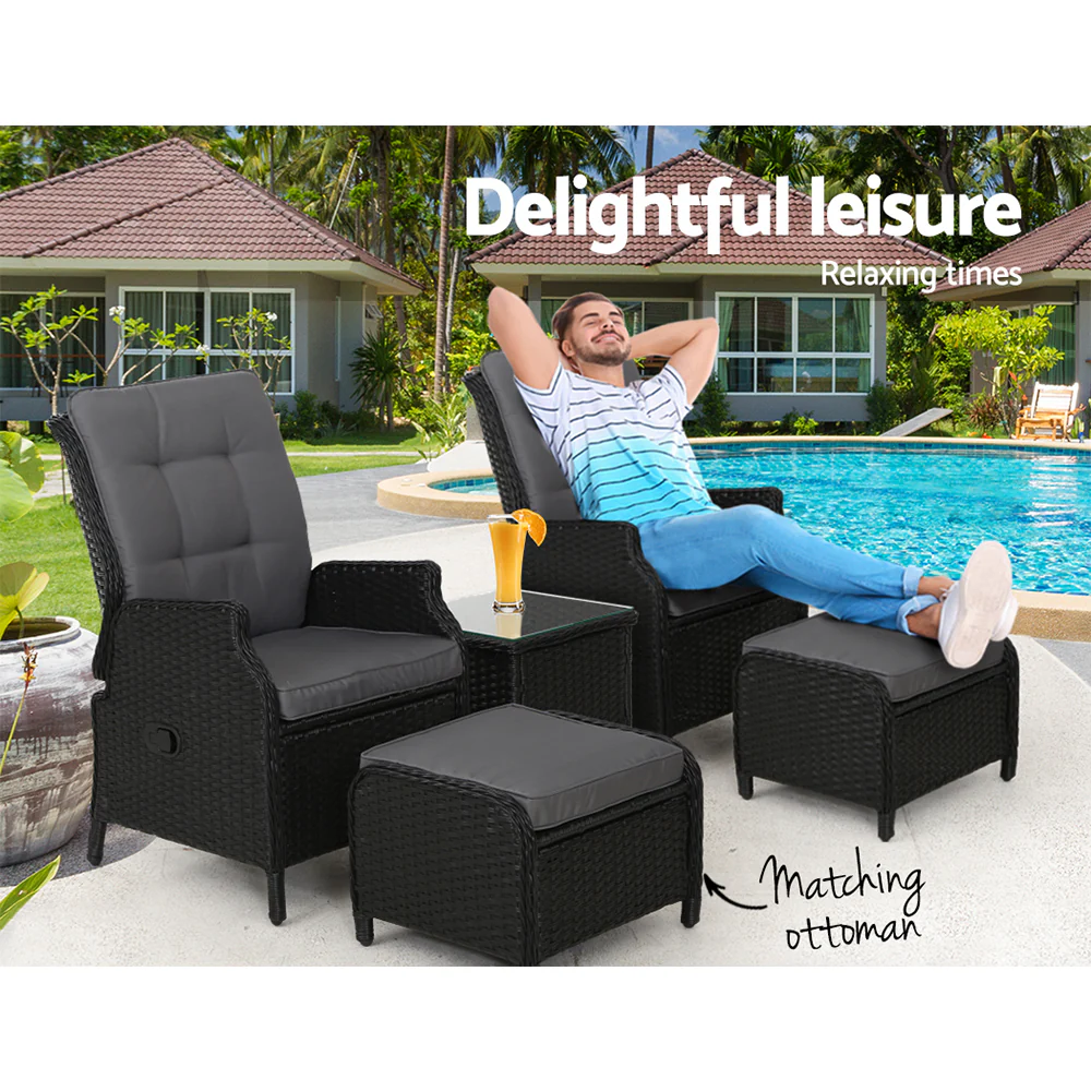 Yeovil 5-Piece Recliner Chair Outdoor Furniture Setting Patio Wicker Sofa Chair and Ottoman - Black - Nurns