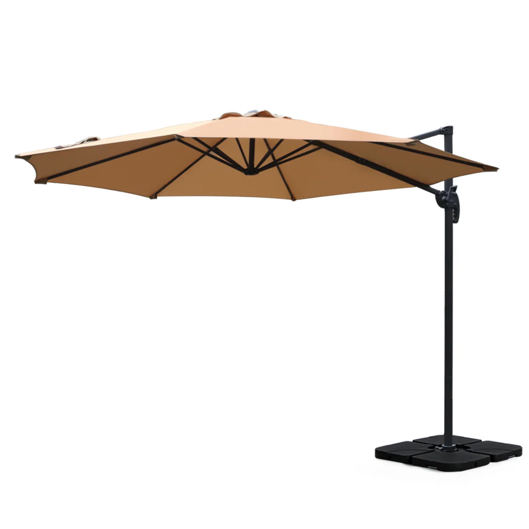 Instahut 3m Outdoor Umbrella w/Base Cantilever Beach Roma 360 Degree Tilt Beige - Nurns