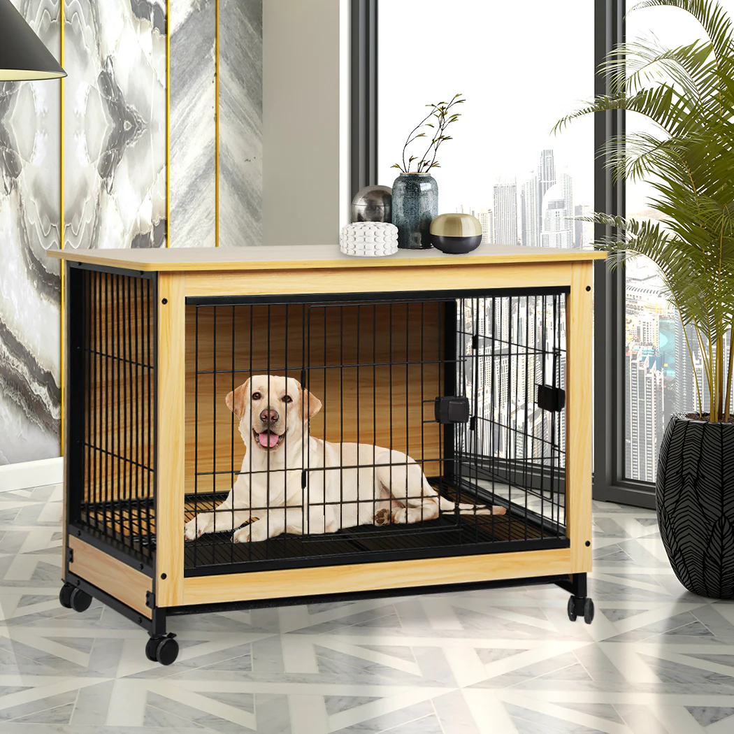 Wooden Wire Dog Kennel Side End Table Steel Puppy Crate Indoor Pet House XL - Wood XL - Nurns