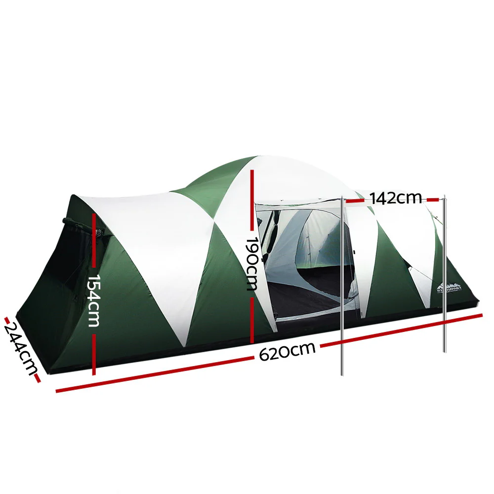 Family Camping Tent 12 Person Hiking Beach Tents (3 Rooms) Green - Nurns