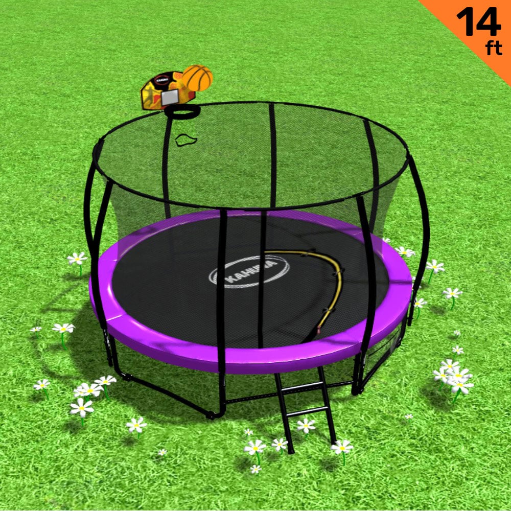 Kahuna Trampoline for Kids 14FT Outdoor Children with Safety Enclosure Pad Mat Ladder Basketball Hoop Set - Purple - Nurns