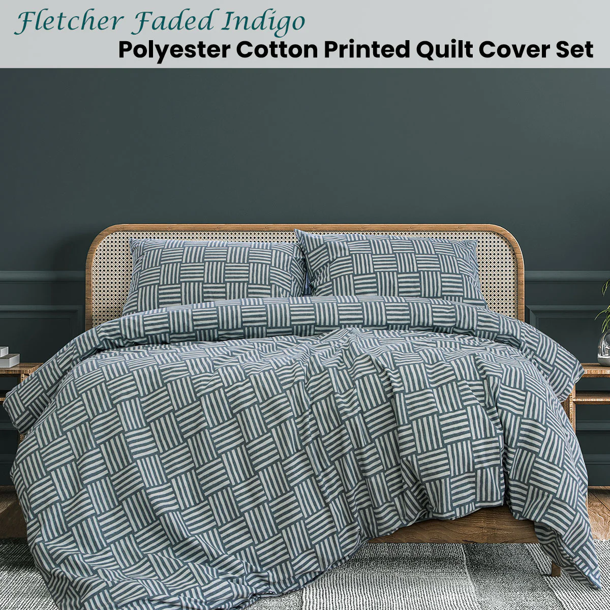 KING Printed Quilt Cover Set - Faded Indigo - Nurns