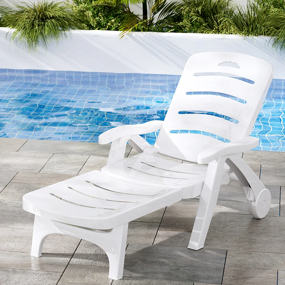 Nemy Sun Lounger Folding Chaise Lounge Chair Wheels Patio Outdoor Furniture - White - Nurns