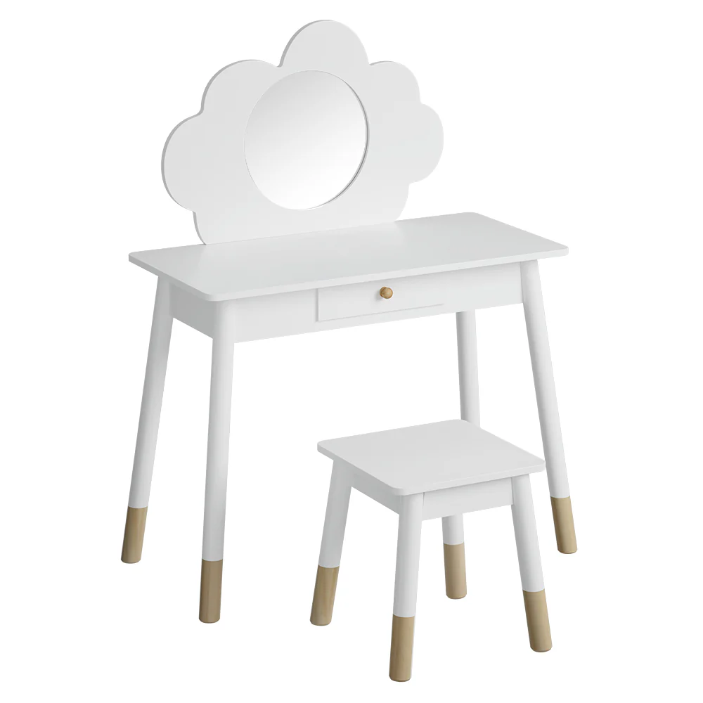 Kids Dressing Table Chair Set Vanity Makeup Wooden Leg Mirror Drawer - Nurns