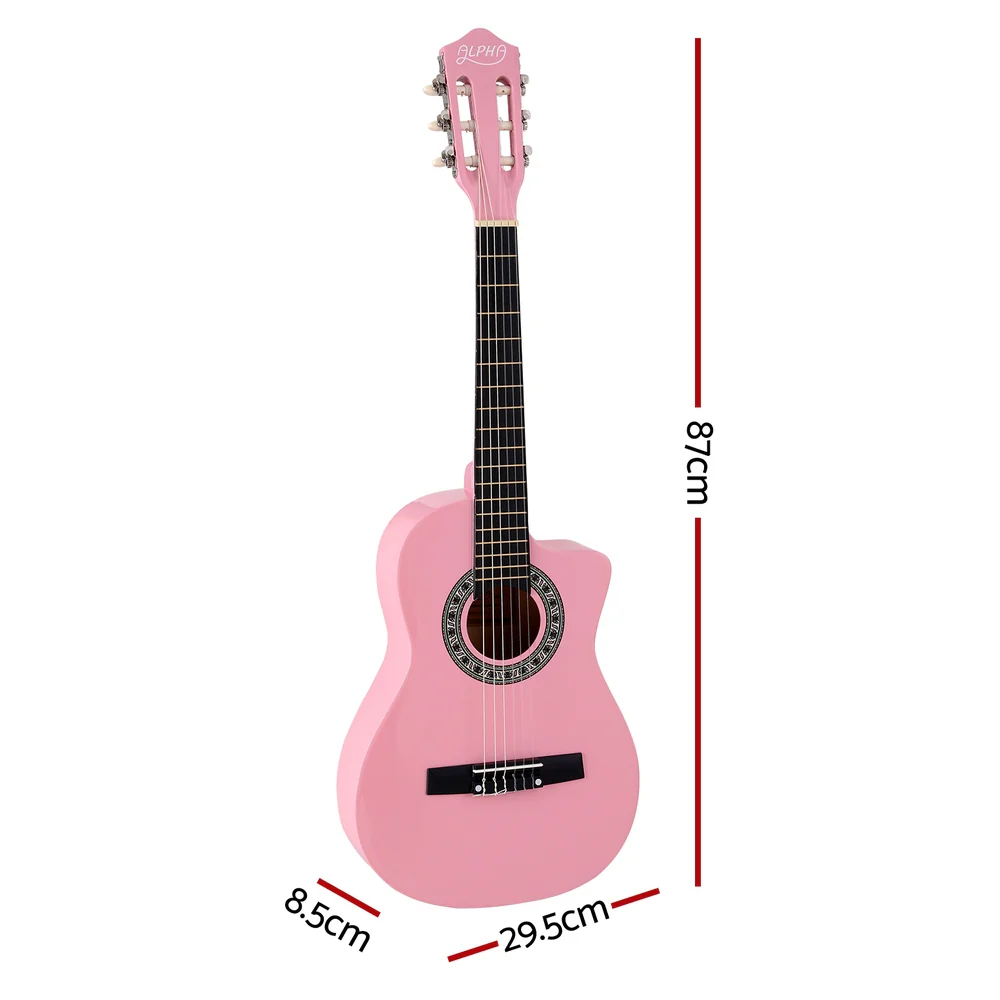 Alpha 34 Inch Classical Guitar Wooden Body Nylon String Beginner Kids Gift Pink - Nurns