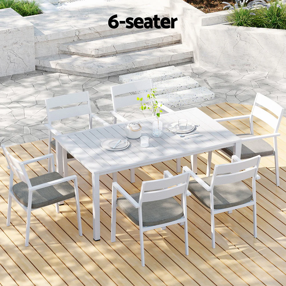 Makena 6-Seater Aluminium Table Chairs Lounge Setting 7-Piece Outdoor Dining Set - White - Nurns