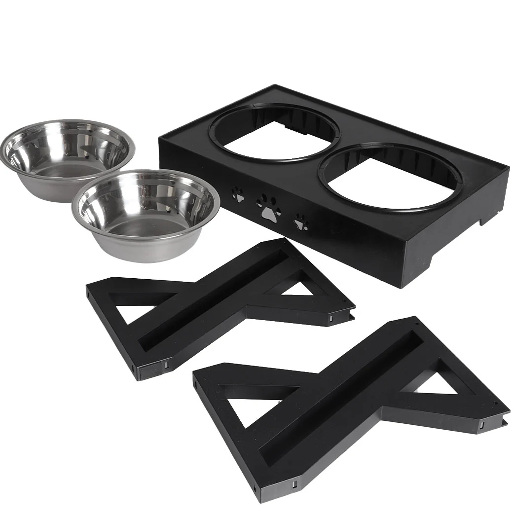 Elevated Pet Feeder Food Water Double Bowl Adjustable Height Raised Stand - Black - Nurns