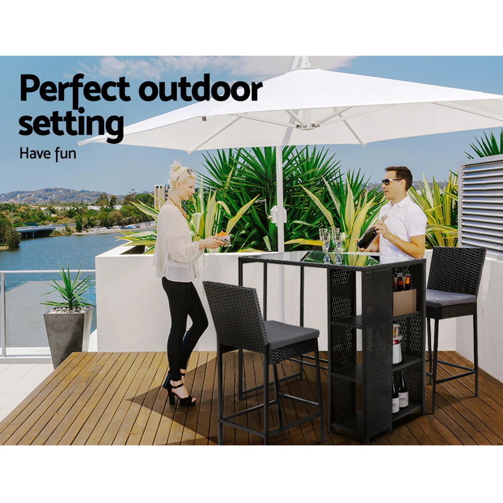 Mark 2-Seater Patio Furniture Chairs Wicker 3-Piece Outdoor Bar Table Stools Set - Black - Nurns