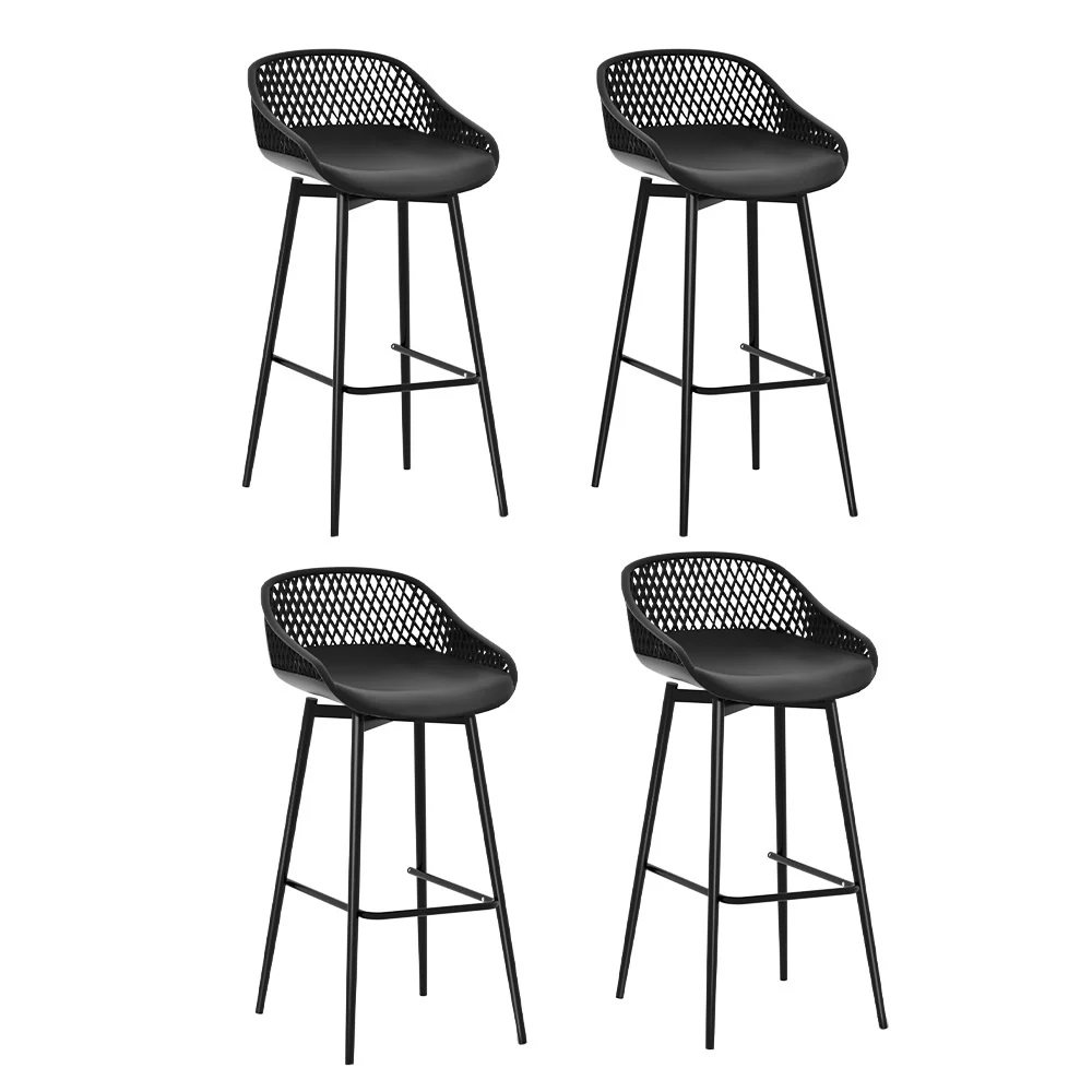 Fica Set of 4 Outdoor Bar Stools Plastic Metal Bistro Patio Dining Chair Balcony - Black - Nurns