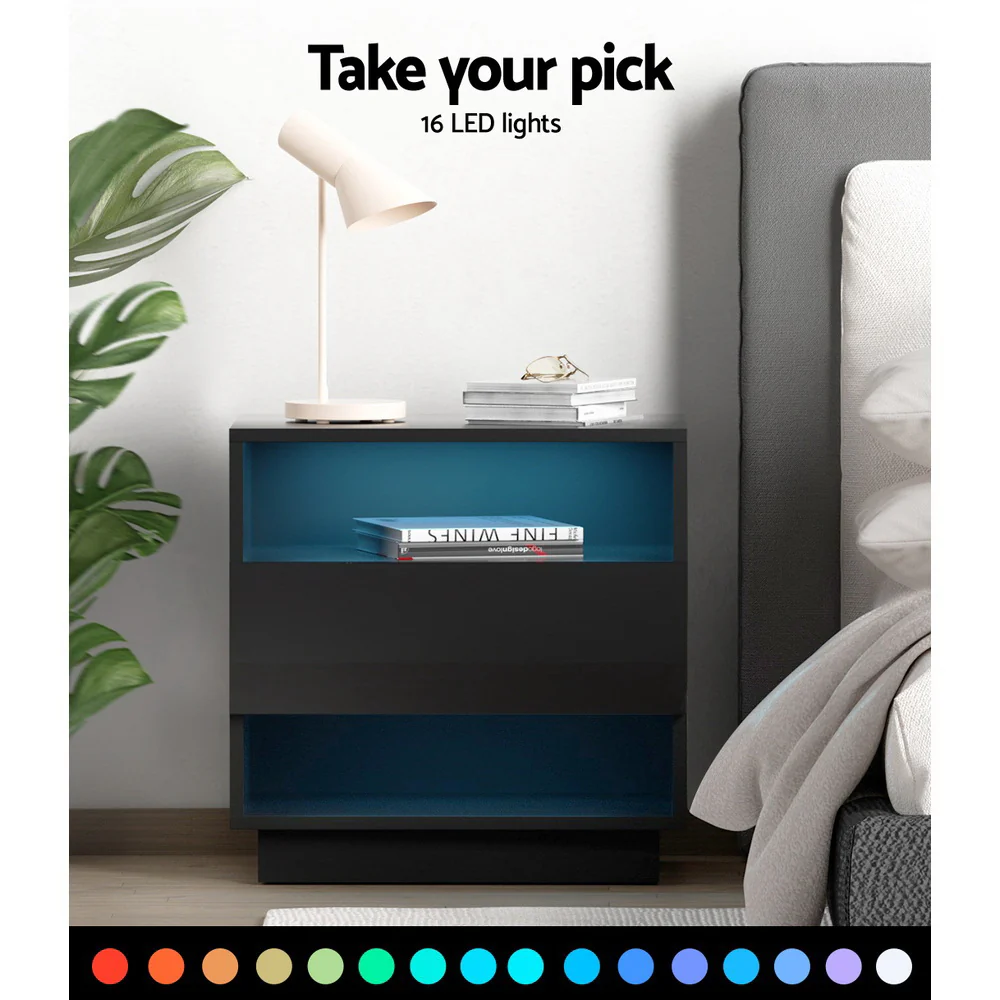 Halifax LED High Gloss Bedside Tables Side Table RGB LED Nightstand High Gloss - Black - Nurns