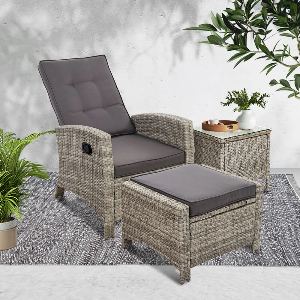 Ross 3-Piece Recliner Chair Outdoor Furniture Bistro Setting Patio Wicker Sofa Chair and Ottoman - Grey - Nurns