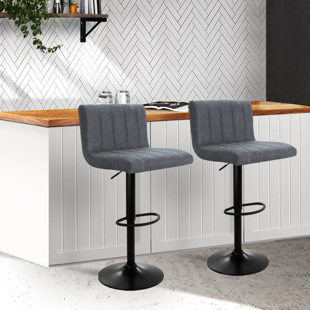 Set of 2 Palencia Bar Stools PU Leather Line Style - Grey - Nurns