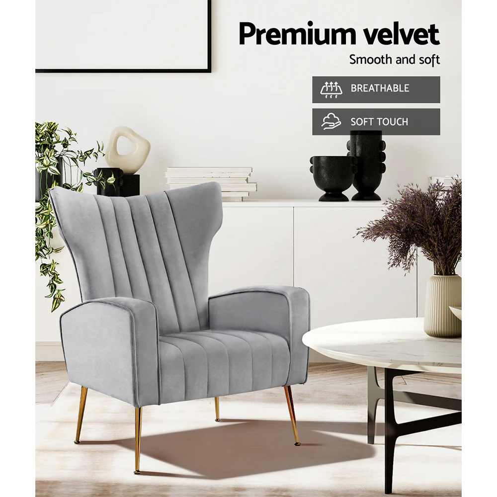 Maricel Accent Velvet Seat Lounge Armchair - Grey - Nurns